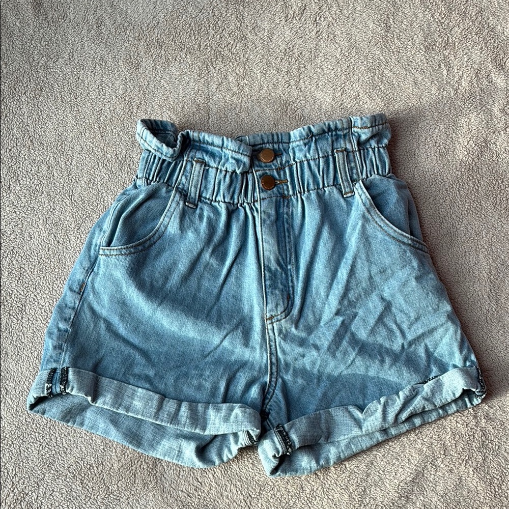 Super Cute High gathered waist Denim Blue short shorts with rolled cuffs